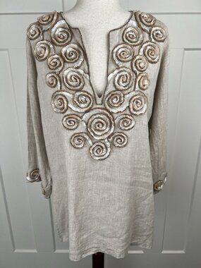Key Lime & Pink Linen Tunic M Embellished Rosette Beaded Boho Top 3/4 Sleeve